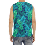 Turquoise Tropical Leaf Pattern Print Men's Fitness Tank Top