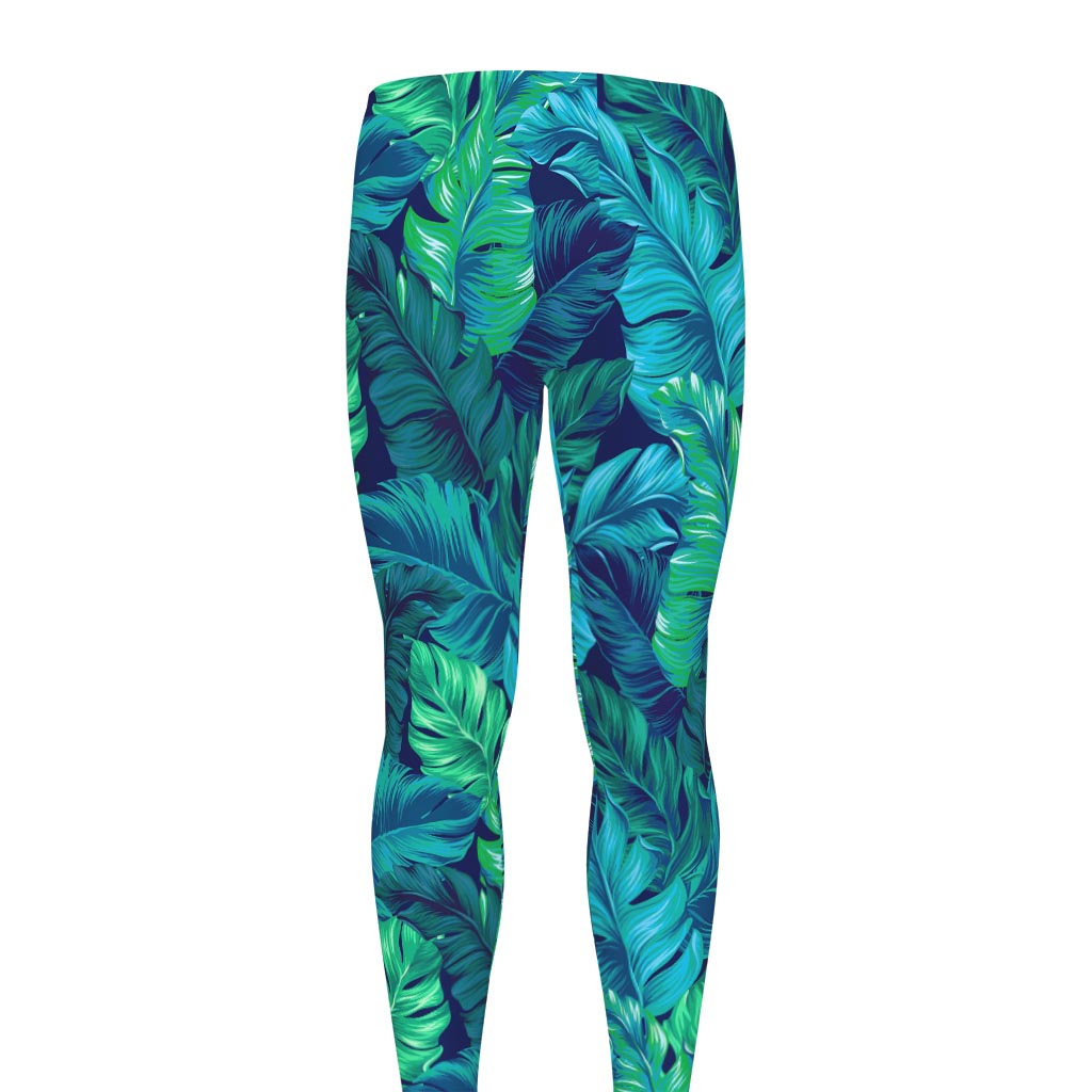 Turquoise Tropical Leaf Pattern Print Men's leggings