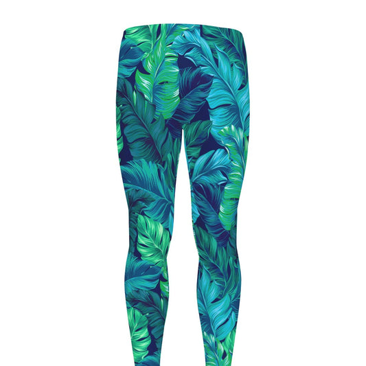 Turquoise Tropical Leaf Pattern Print Men's leggings