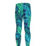 Turquoise Tropical Leaf Pattern Print Men's leggings