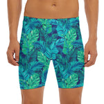 Turquoise Tropical Leaf Pattern Print Men's Long Boxer Briefs