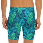 Turquoise Tropical Leaf Pattern Print Men's Long Boxer Briefs