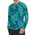 Turquoise Tropical Leaf Pattern Print Men's Long Sleeve Rash Guard