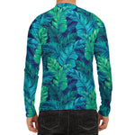 Turquoise Tropical Leaf Pattern Print Men's Long Sleeve Rash Guard