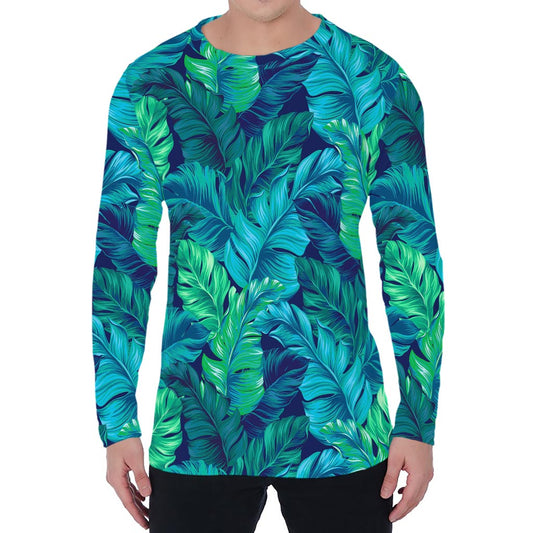 Turquoise Tropical Leaf Pattern Print Men's Long Sleeve T-Shirt