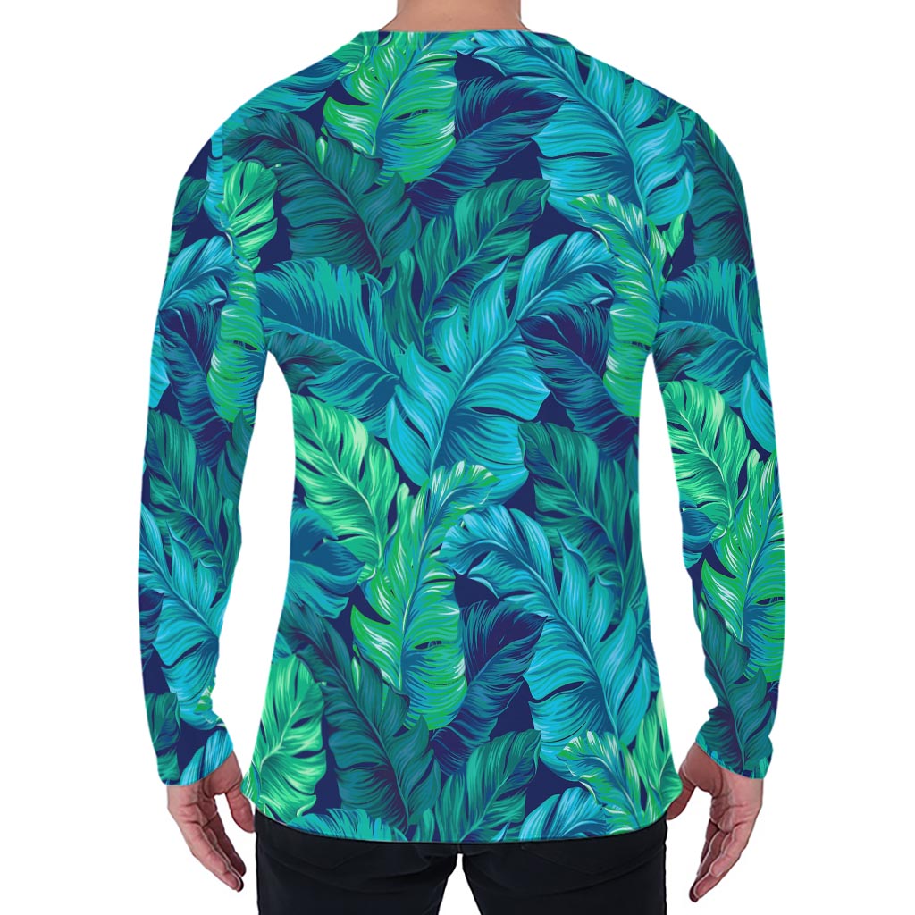 Turquoise Tropical Leaf Pattern Print Men's Long Sleeve T-Shirt