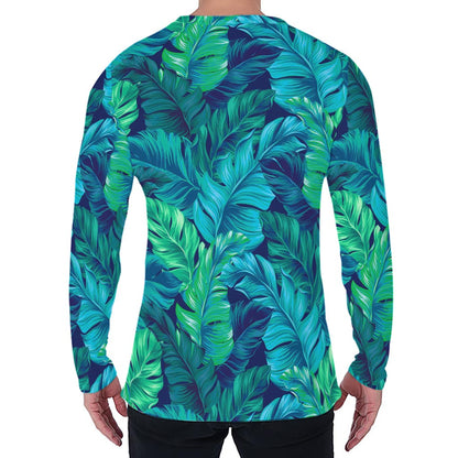 Turquoise Tropical Leaf Pattern Print Men's Long Sleeve T-Shirt