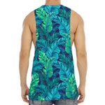 Turquoise Tropical Leaf Pattern Print Men's Muscle Tank Top