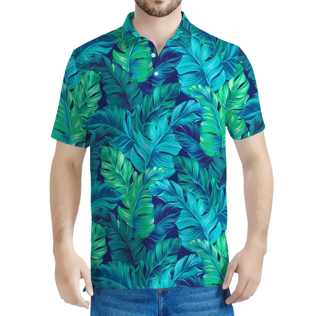 Turquoise Tropical Leaf Pattern Print Men's Polo Shirt