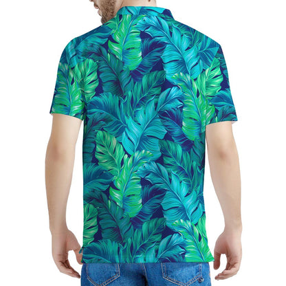 Turquoise Tropical Leaf Pattern Print Men's Polo Shirt