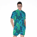 Turquoise Tropical Leaf Pattern Print Men's Romper