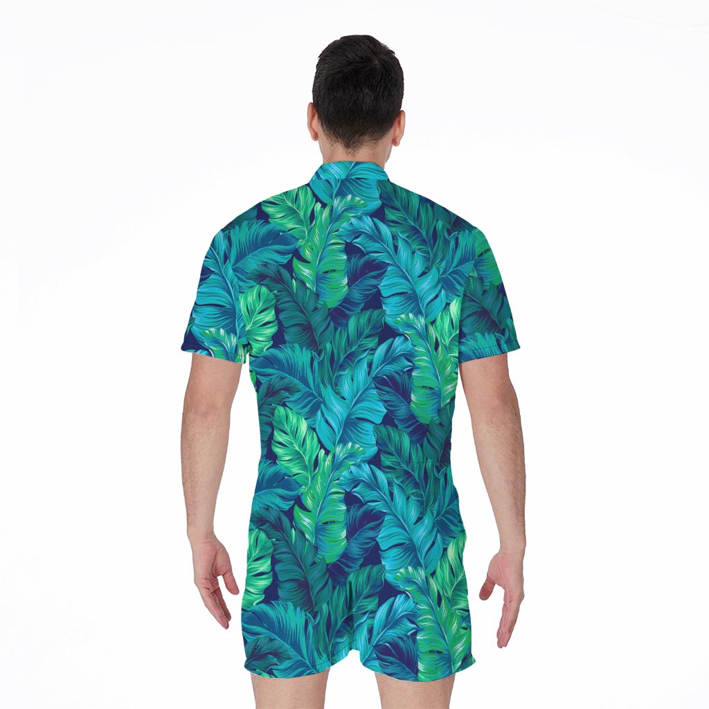 Turquoise Tropical Leaf Pattern Print Men's Rompers