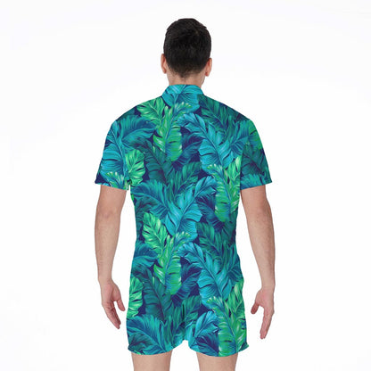Turquoise Tropical Leaf Pattern Print Men's Rompers