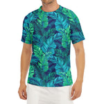 Turquoise Tropical Leaf Pattern Print Men's Short Sleeve Rash Guard