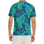 Turquoise Tropical Leaf Pattern Print Men's Short Sleeve Rash Guard