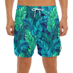Turquoise Tropical Leaf Pattern Print Men's Split Running Shorts