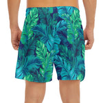 Turquoise Tropical Leaf Pattern Print Men's Split Running Shorts