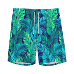Turquoise Tropical Leaf Pattern Print Men's Sports Shorts