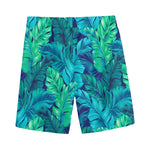 Turquoise Tropical Leaf Pattern Print Men's Sports Shorts