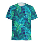 Turquoise Tropical Leaf Pattern Print Men's Sports T-Shirt