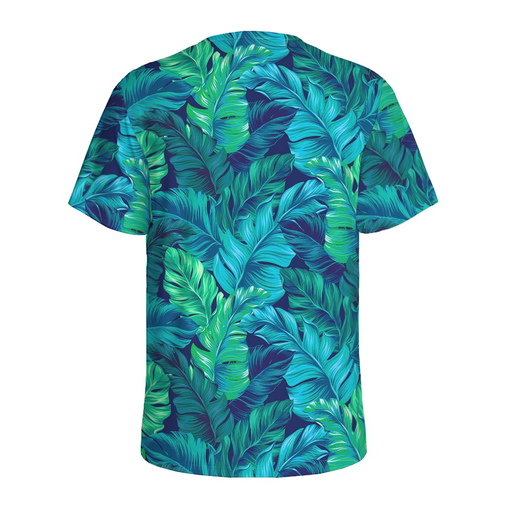 Turquoise Tropical Leaf Pattern Print Men's Sports T-Shirt