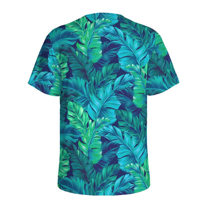 Turquoise Tropical Leaf Pattern Print Men's Sports T-Shirt