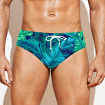 Turquoise Tropical Leaf Pattern Print Men's Swim Briefs