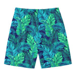 Turquoise Tropical Leaf Pattern Print Men's Swim Trunks
