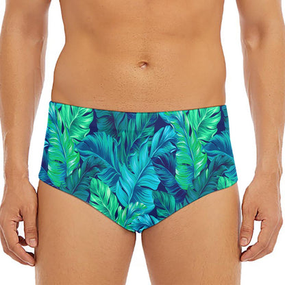 Turquoise Tropical Leaf Pattern Print Men's Triangle Swim Briefs