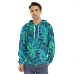 Turquoise Tropical Leaf Pattern Print Men's Velvet Pullover Hoodie
