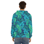Turquoise Tropical Leaf Pattern Print Men's Velvet Pullover Hoodie