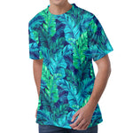 Turquoise Tropical Leaf Pattern Print Men's Velvet T-Shirt