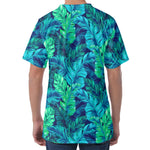 Turquoise Tropical Leaf Pattern Print Men's Velvet T-Shirt
