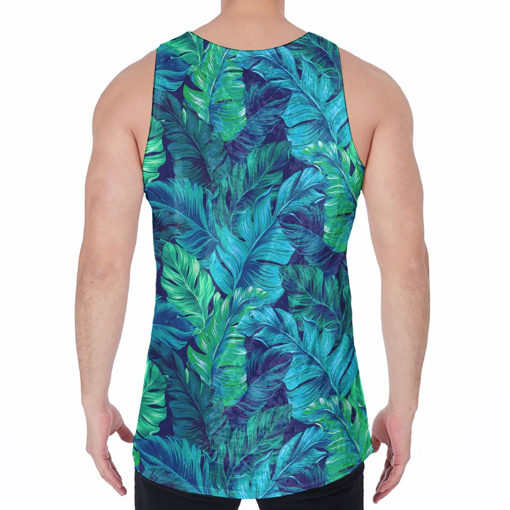 Turquoise Tropical Leaf Pattern Print Men's Velvet Tank Top
