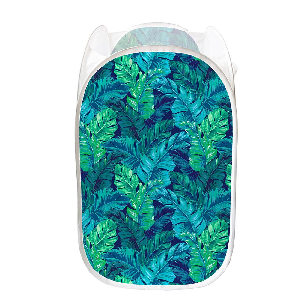 Turquoise Tropical Leaf Pattern Print Mesh Laundry Hamper