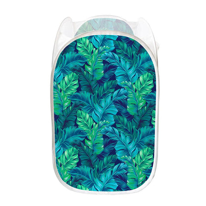 Turquoise Tropical Leaf Pattern Print Mesh Laundry Hamper