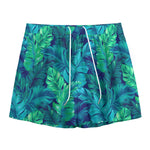Turquoise Tropical Leaf Pattern Print Mesh Shorts
