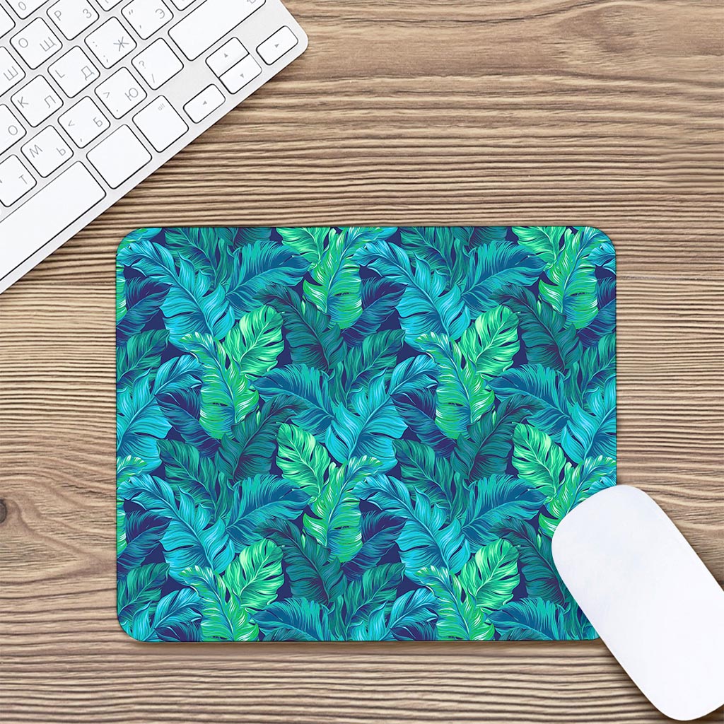 Turquoise Tropical Leaf Pattern Print Mouse Pad