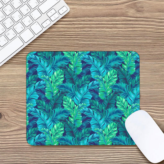 Turquoise Tropical Leaf Pattern Print Mouse Pad