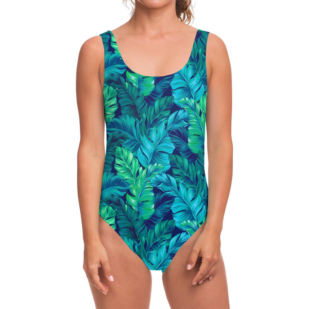 Turquoise Tropical Leaf Pattern Print One Piece Swimsuit