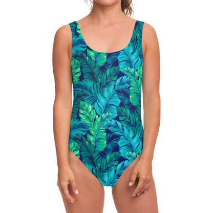 Turquoise Tropical Leaf Pattern Print One Piece Swimsuit