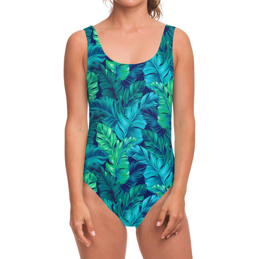 Turquoise Tropical Leaf Pattern Print One Piece Swimsuit