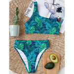 Turquoise Tropical Leaf Pattern Print One Shoulder Bikini Top