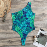 Turquoise Tropical Leaf Pattern Print One Shoulder Bodysuit
