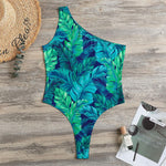 Turquoise Tropical Leaf Pattern Print One Shoulder Bodysuit