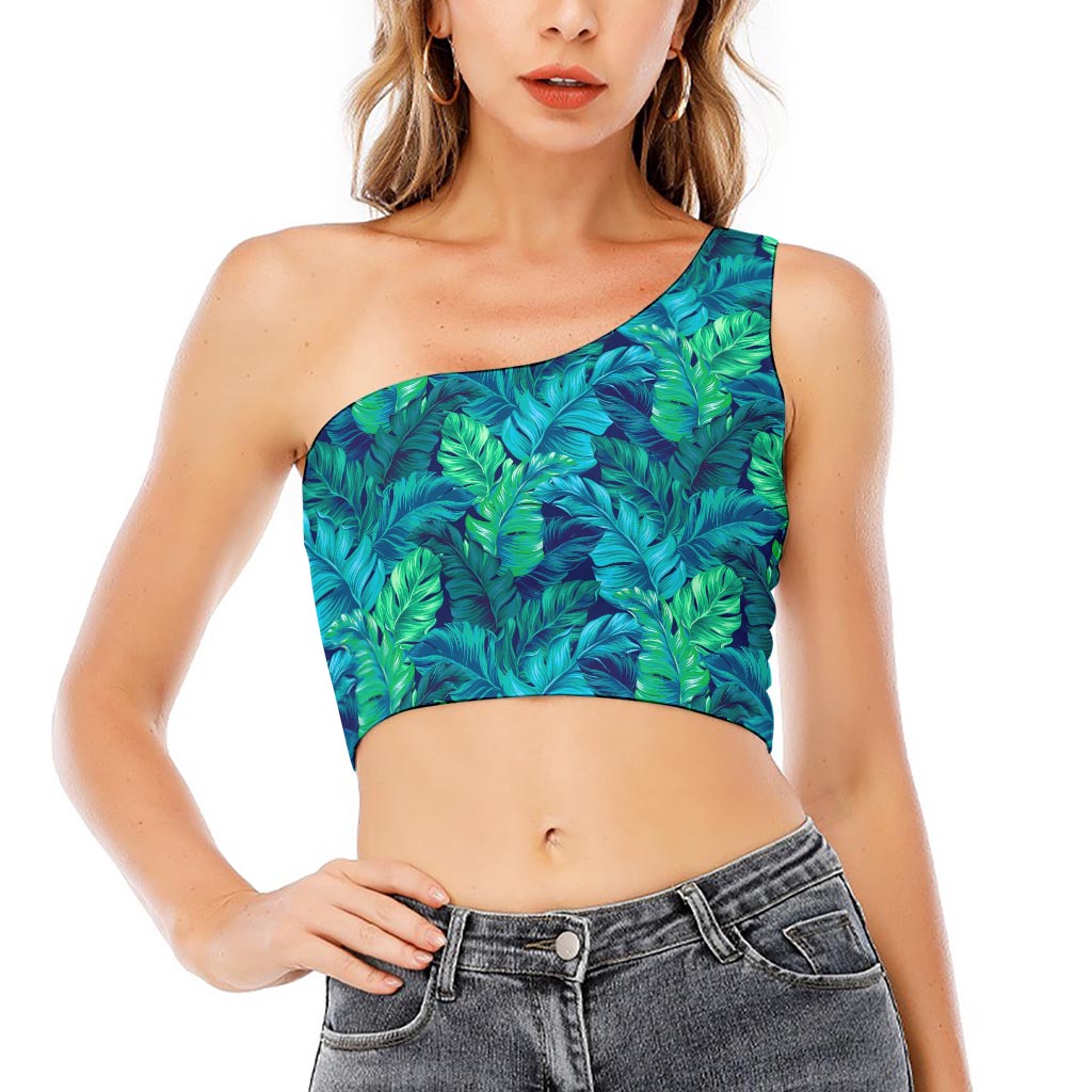 Turquoise Tropical Leaf Pattern Print One Shoulder Crop Top