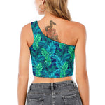 Turquoise Tropical Leaf Pattern Print One Shoulder Crop Top