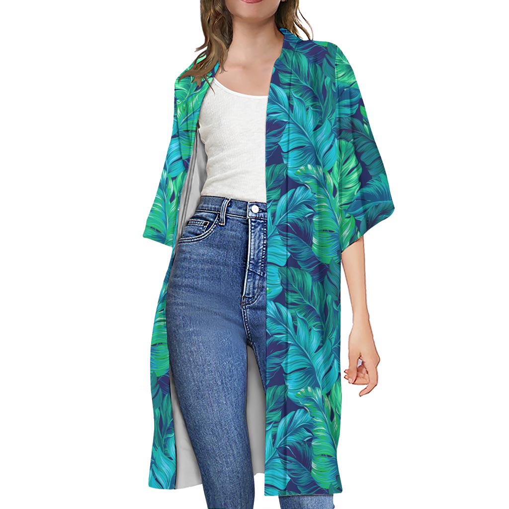 Turquoise Tropical Leaf Pattern Print Open Front Beach Cover Up