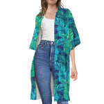Turquoise Tropical Leaf Pattern Print Open Front Beach Cover Up