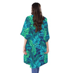 Turquoise Tropical Leaf Pattern Print Open Front Beach Cover Up